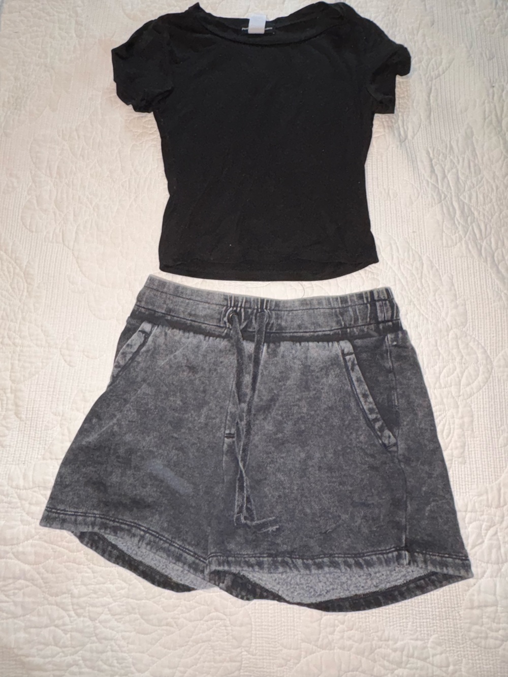 Black Tee with Acid Wash Gray Drawstring Shorts